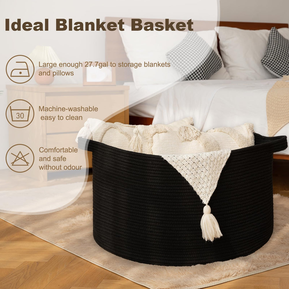 OIAHOMY blanket basket in living room setup showcasing stylish organization and clutter reduction.