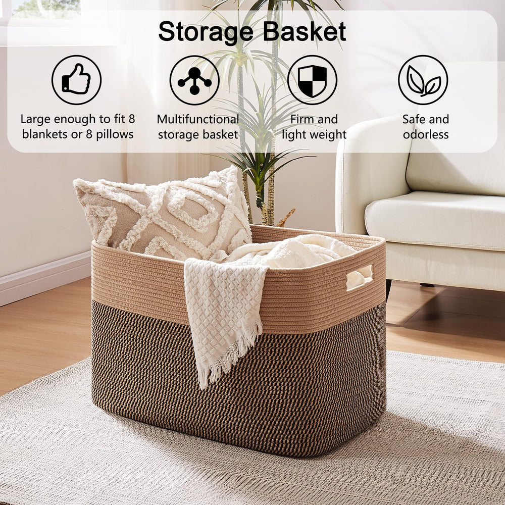 OIAHOMY blanket basket in living room storage keeps blankets tidy.