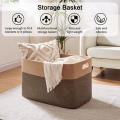 OIAHOMY blanket basket in living room storage keeps blankets tidy.