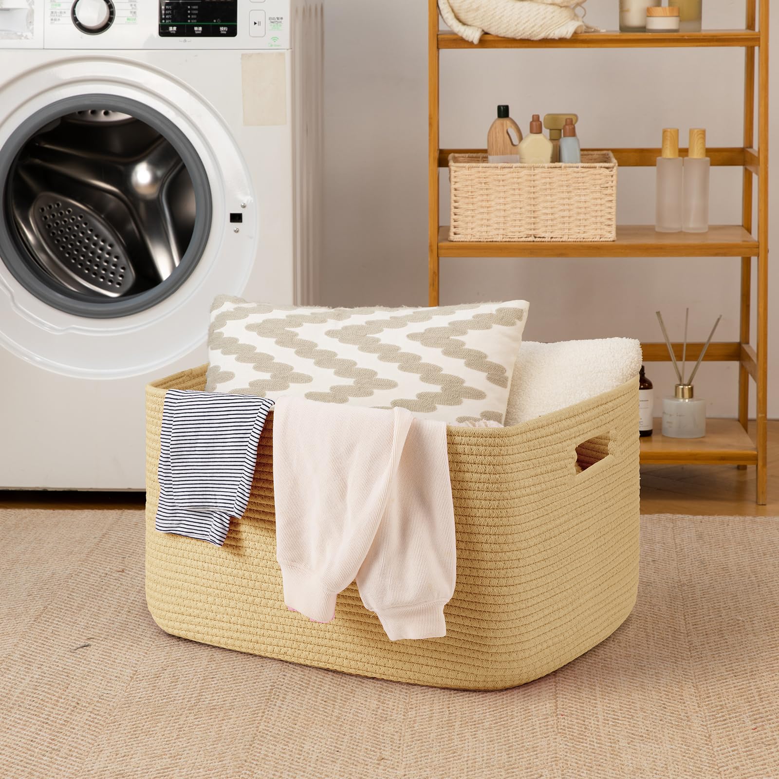 OIAHOMY blanket basket in living room neatly stores throws and pillows