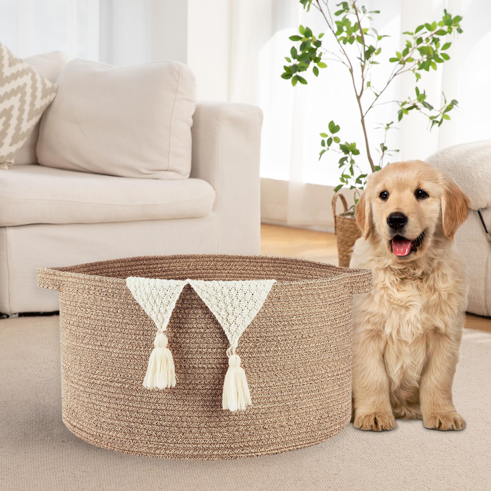 OIAHOMY blanket basket in living space doubles as multi-purpose organizer.
