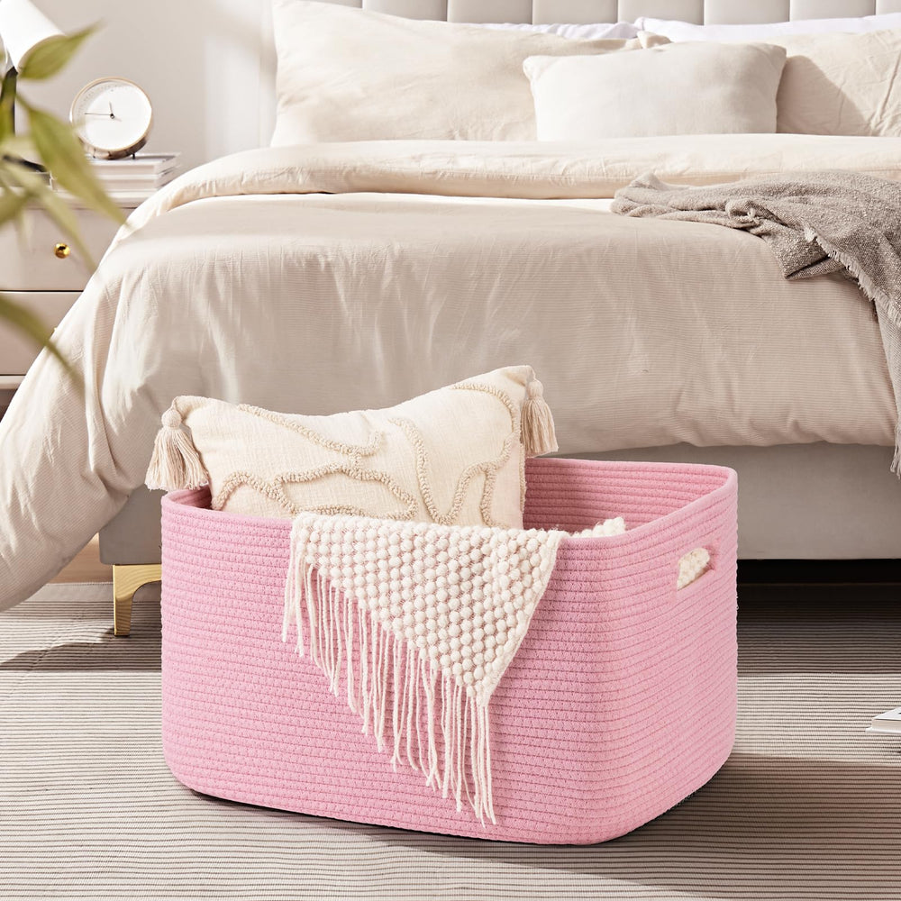 OIAHOMY blanket basket in nursery used for toys and baby clothes storage.