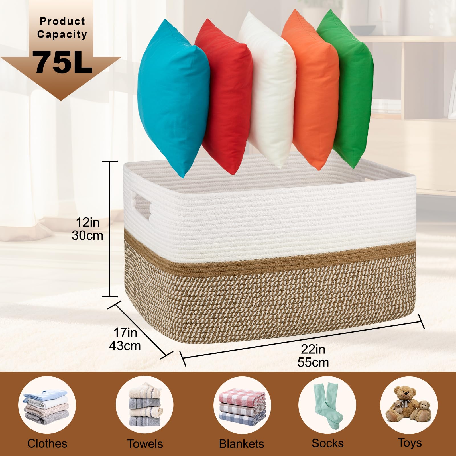OIAHOMY blanket basket open top shows accessible toy and blanket storage
