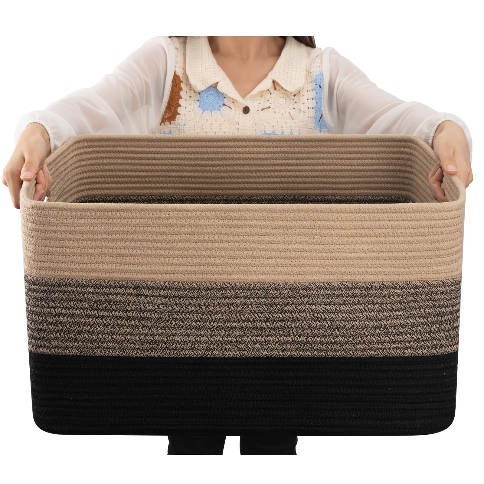 OIAHOMY blanket basket rectangle in yellow and black for durable storage in living rooms.