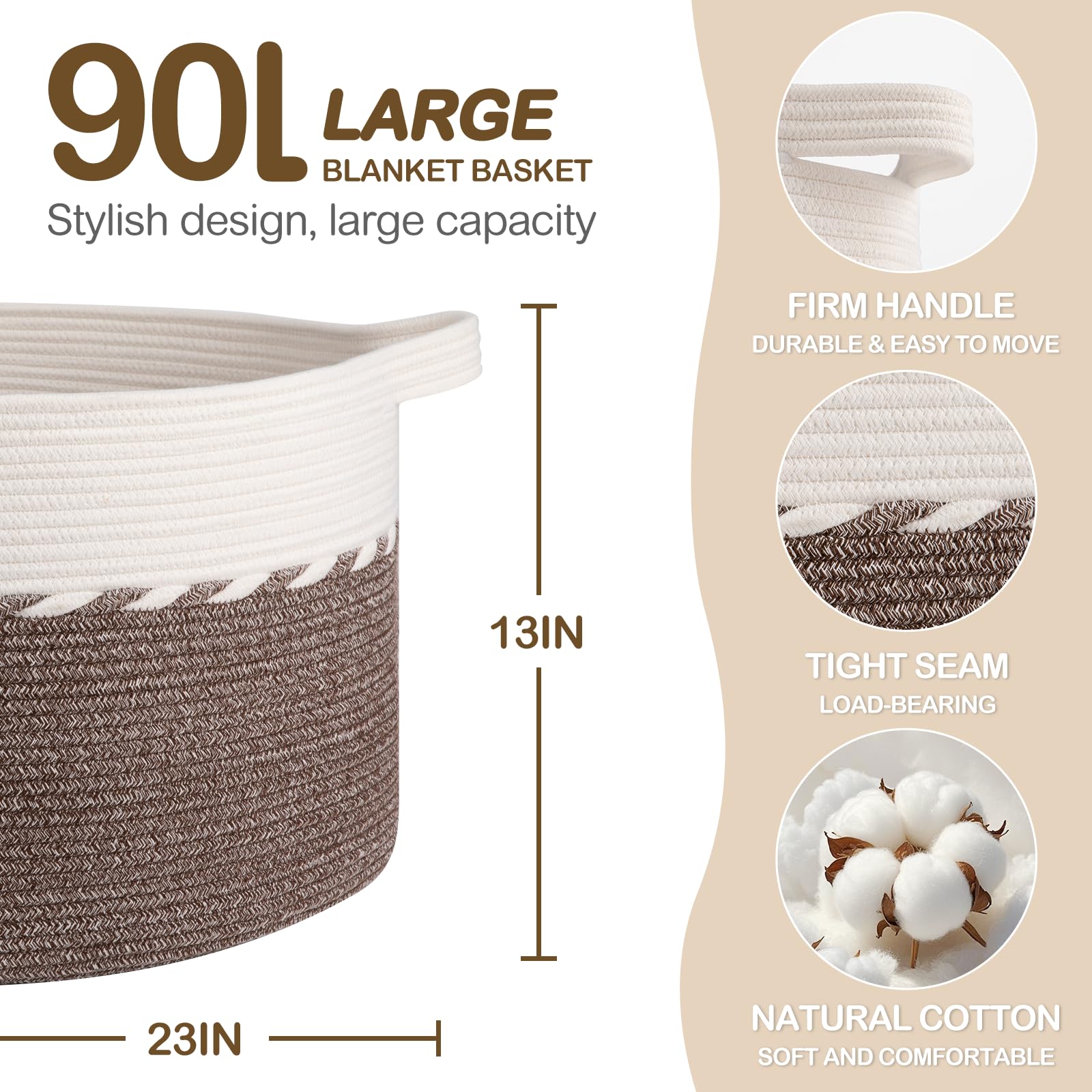 OIAHOMY blanket basket side view showing sturdy handles for easy transport