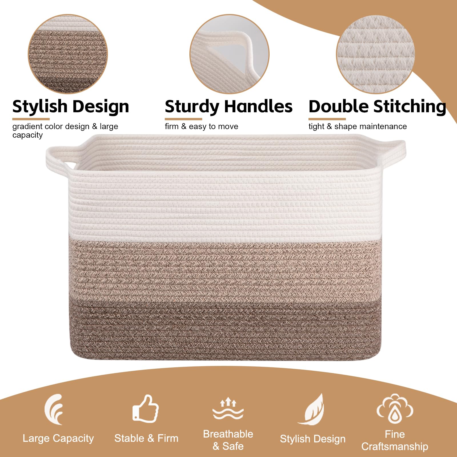 OIAHOMY blanket basket with sturdy handles demonstrating easy transport between rooms.
