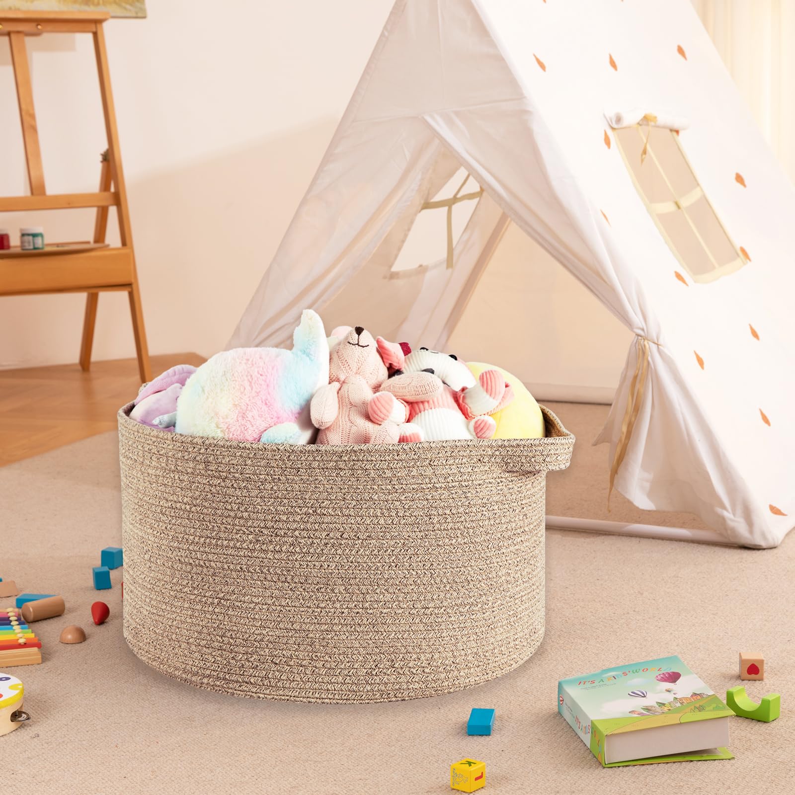 OIAHOMY blanket basket used for toy storage in kids' room.