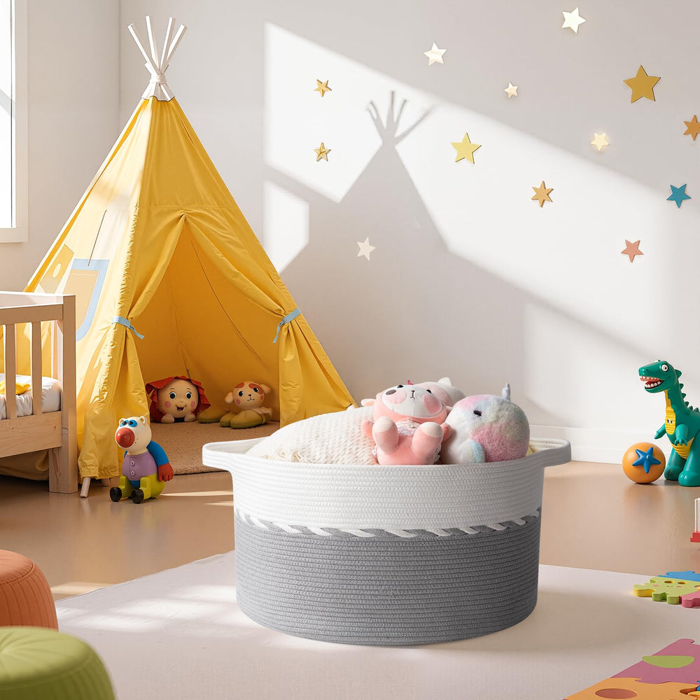OIAHOMY blanket basket used for toy storage in a playroom.