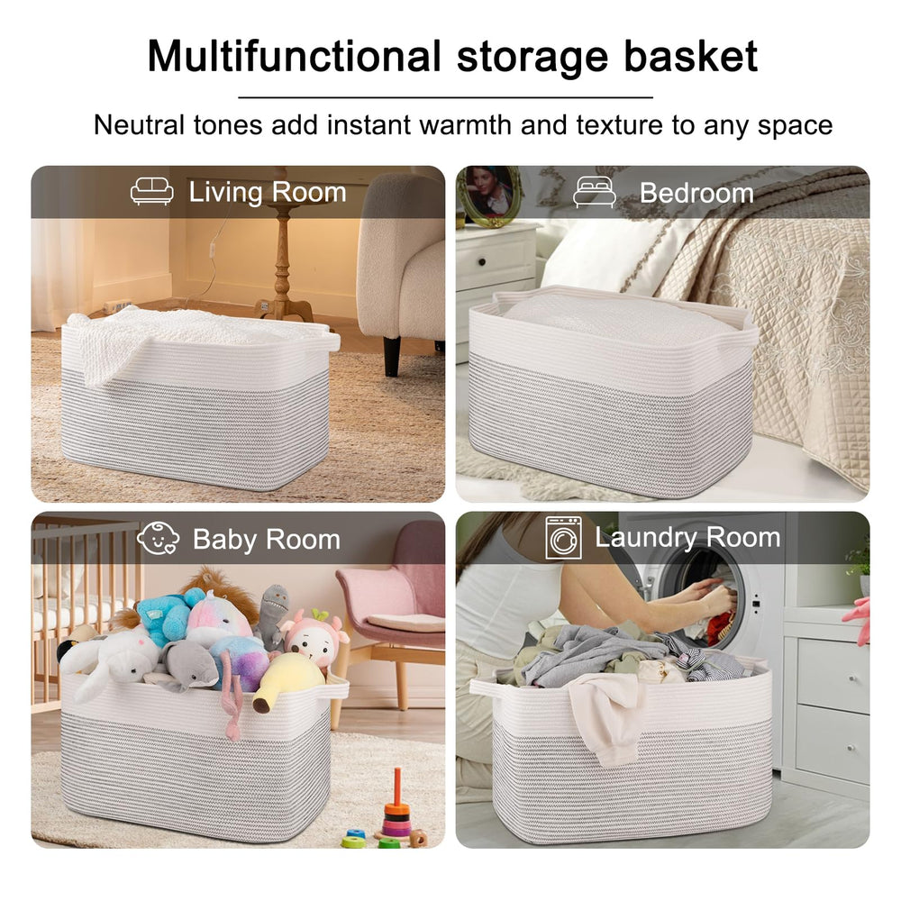 OIAHOMY blanket basket used for toy storage in a play area.