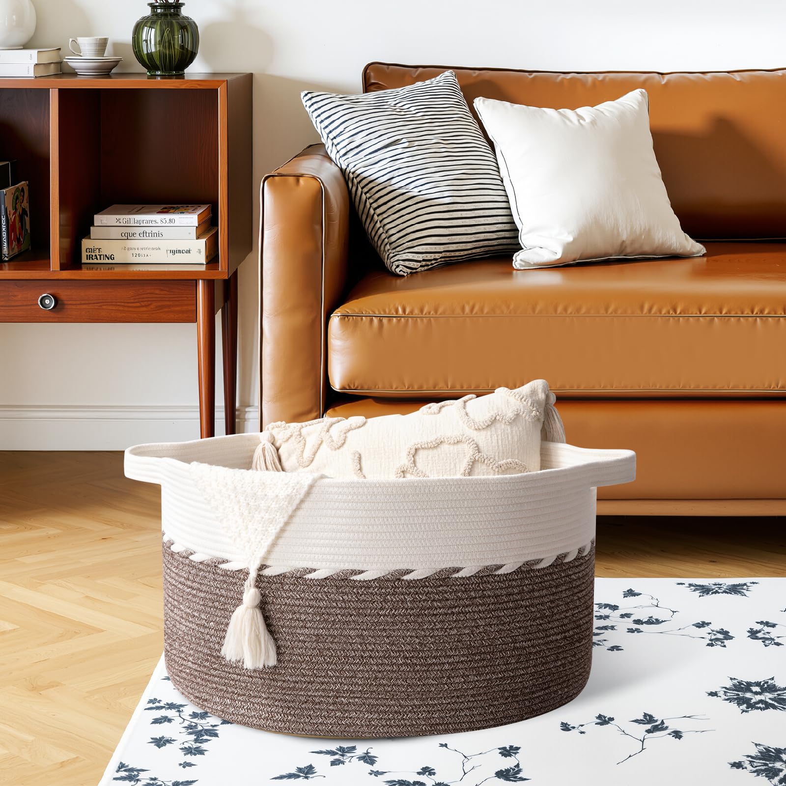 OIAHOMY blanket basket with handles for easy carrying around the home