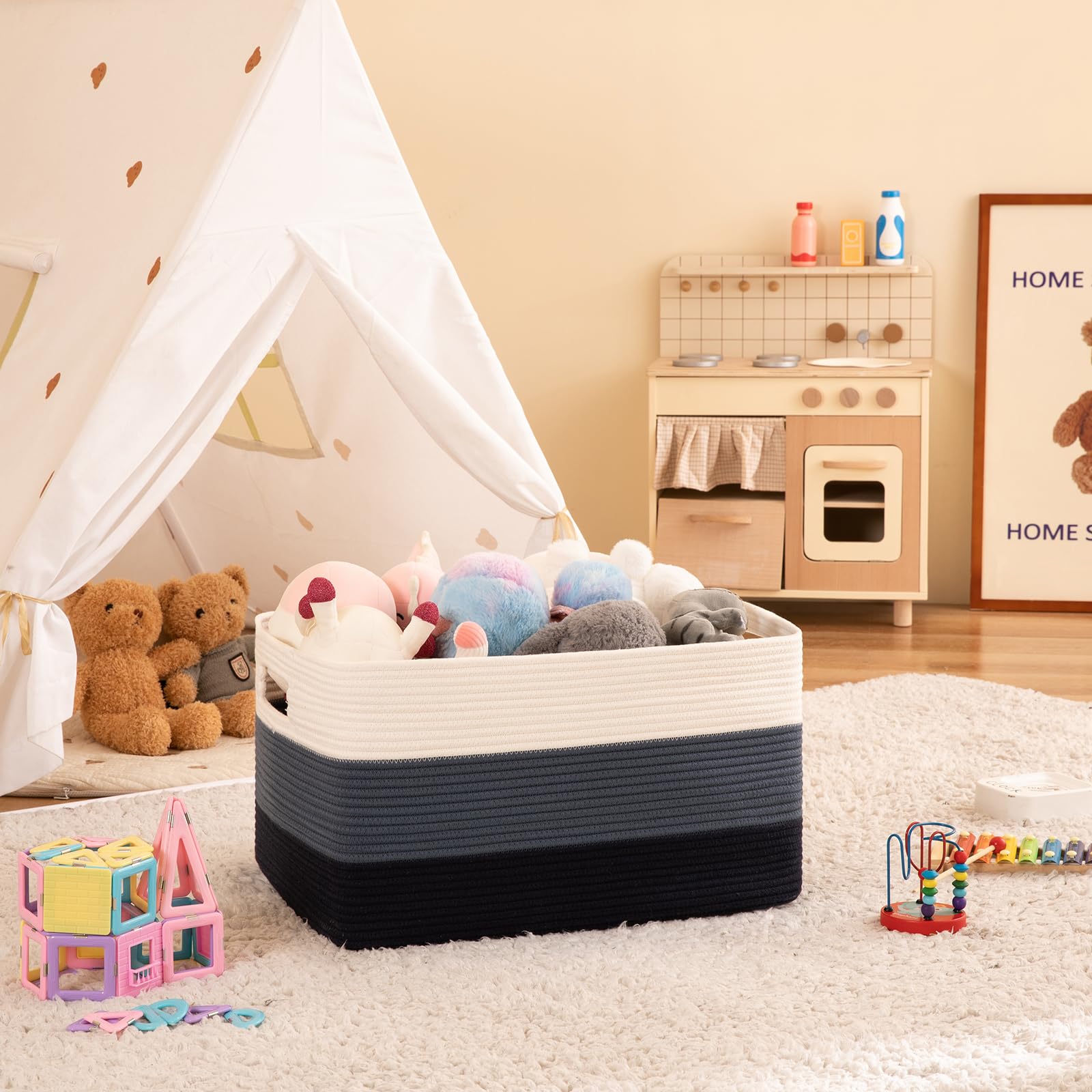 OIAHOMY rectangle blanket storage basket with sturdy handles for easy transport.