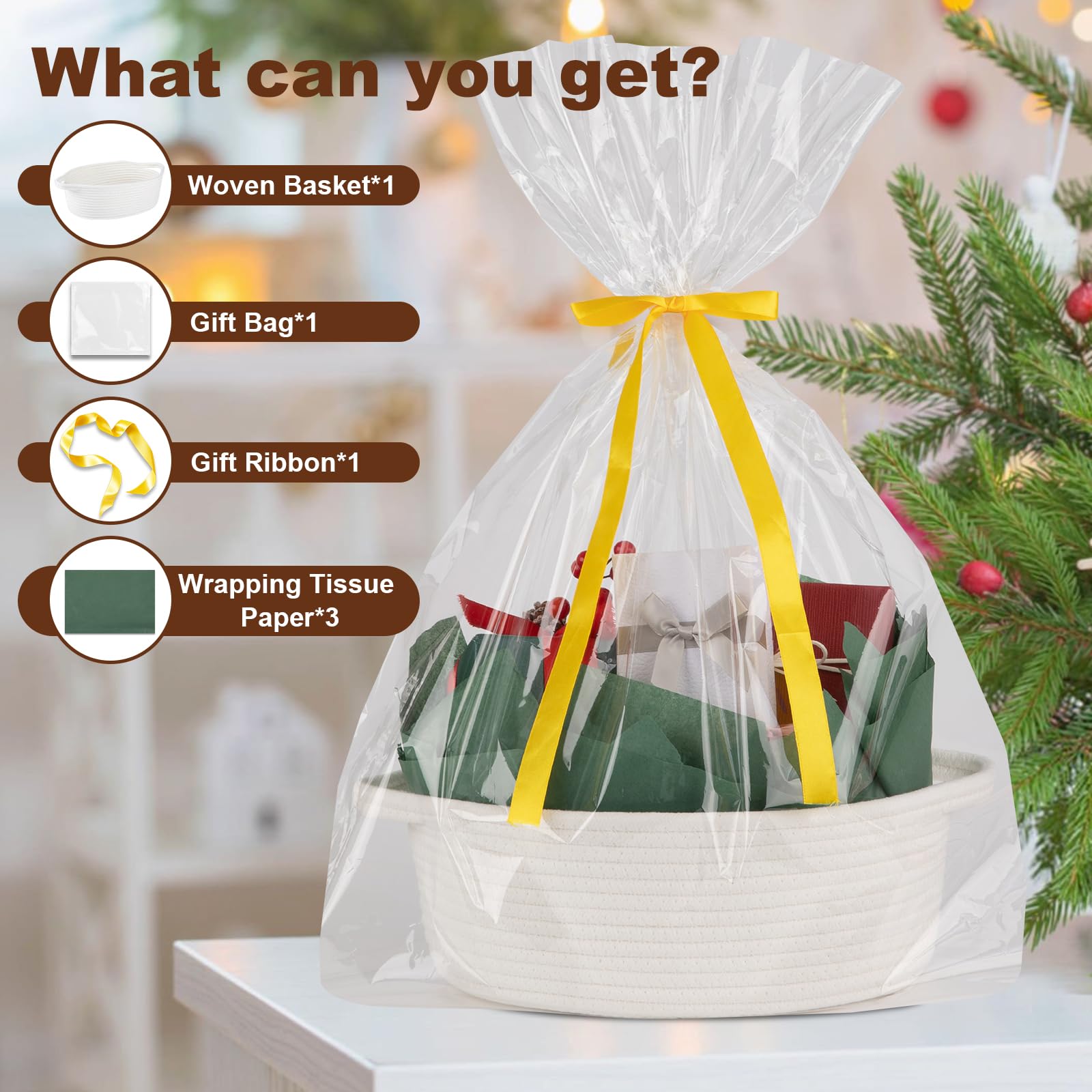 OIAHOMY Christmas basket packaging highlights gift bag and ribbon for ready gifting.