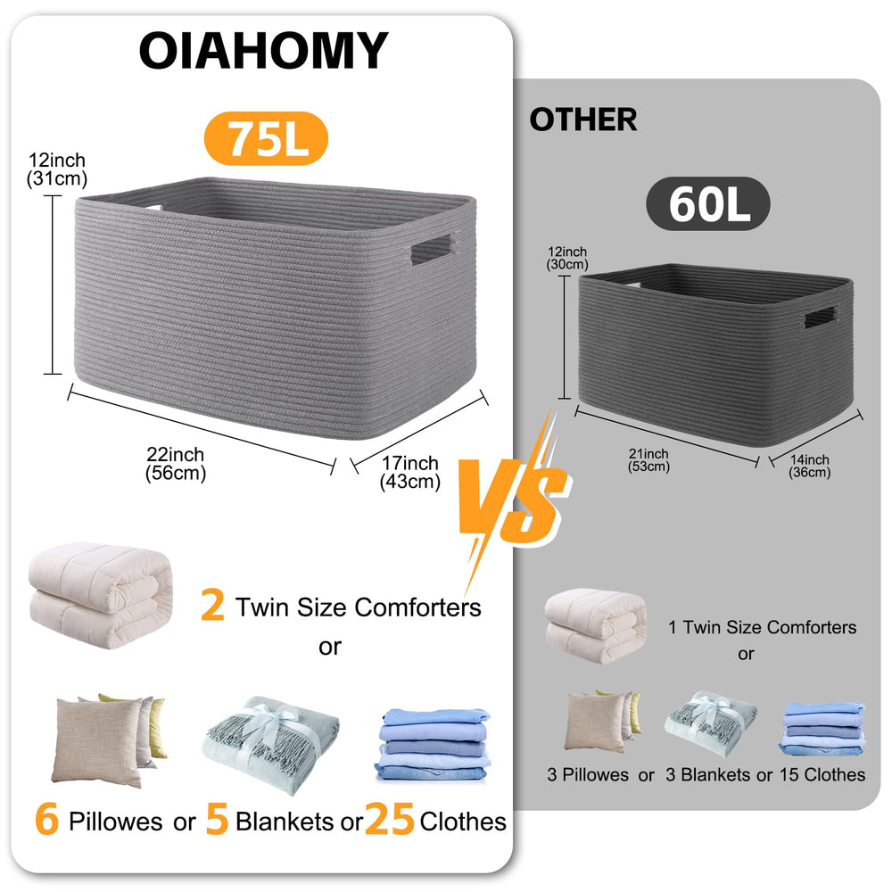 OIAHOMY cotton rope basket in living room shows versatile storage and easy access