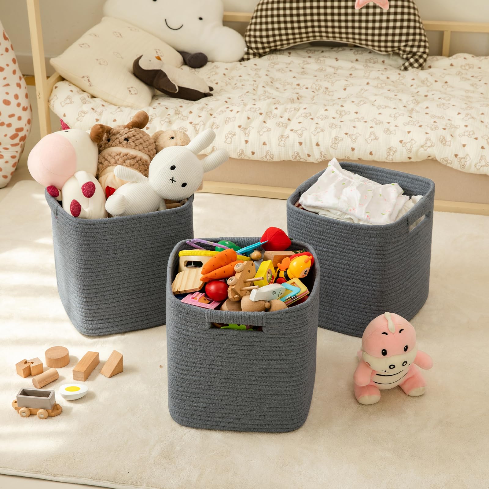OIAHOMY cotton rope baskets in dark grey for stylish organization.