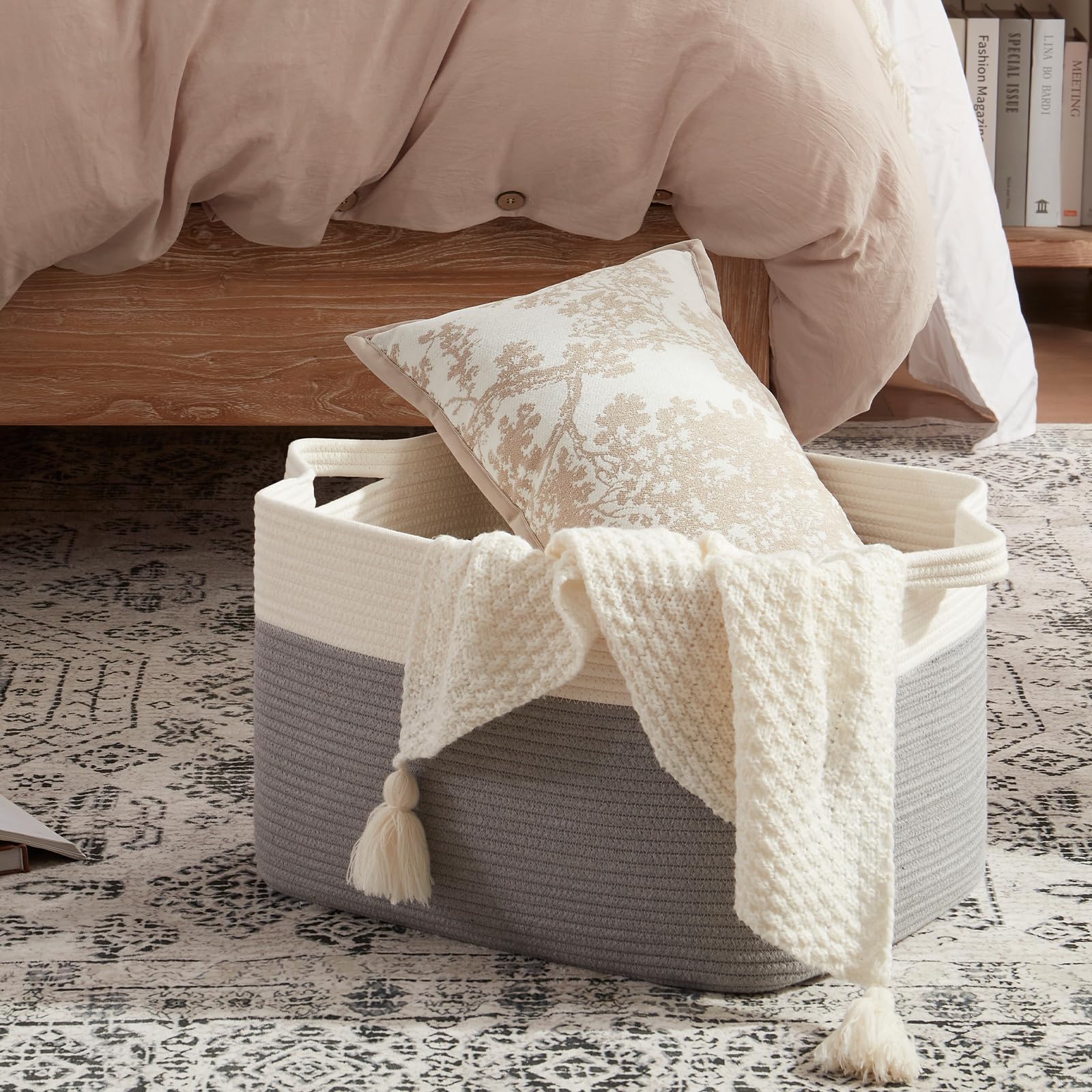 OIAHOMY cotton rope storage living room demonstrates durable, kid-friendly organization for supplies.