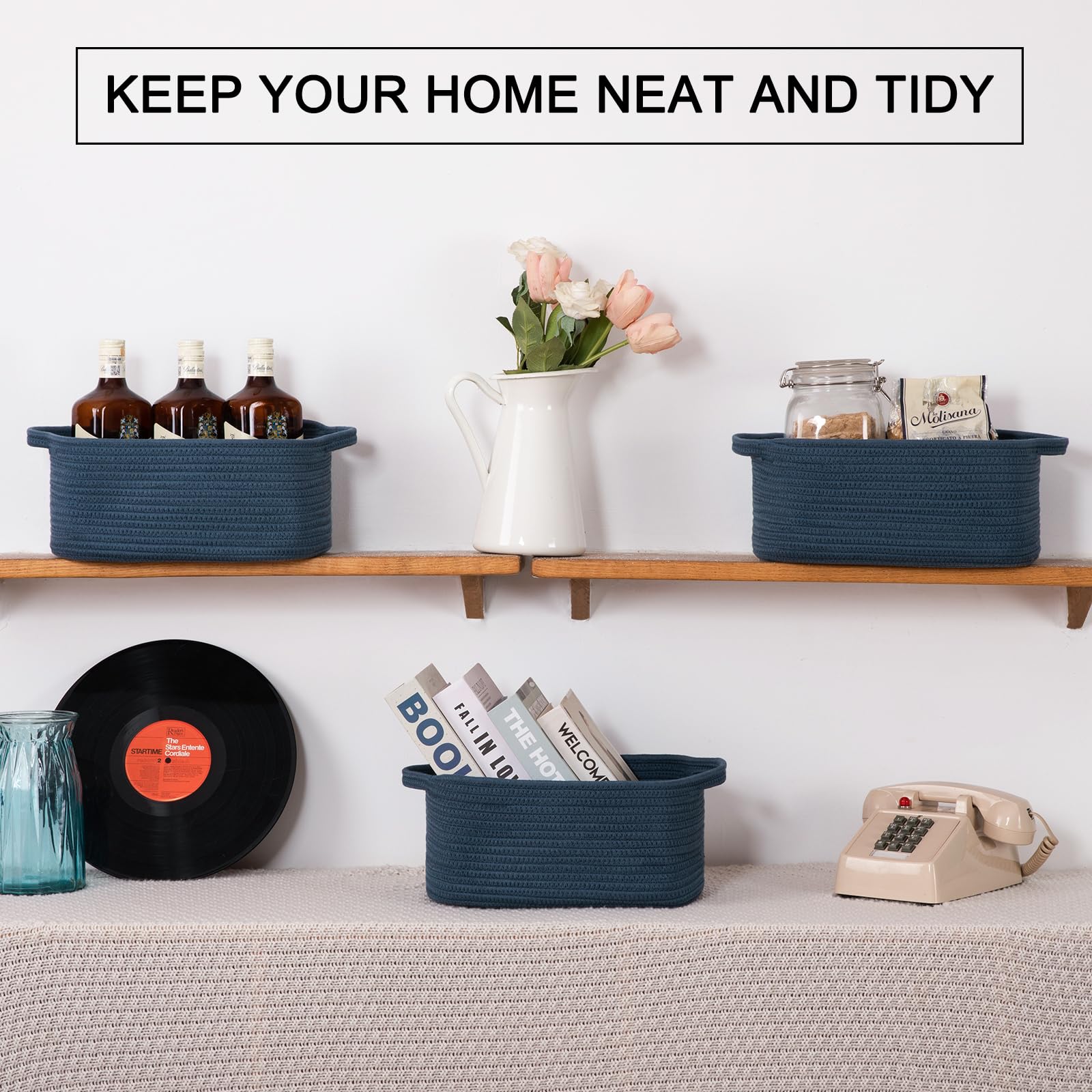 OIAHOMY blue basket with reinforced handles ready for easy carrying.