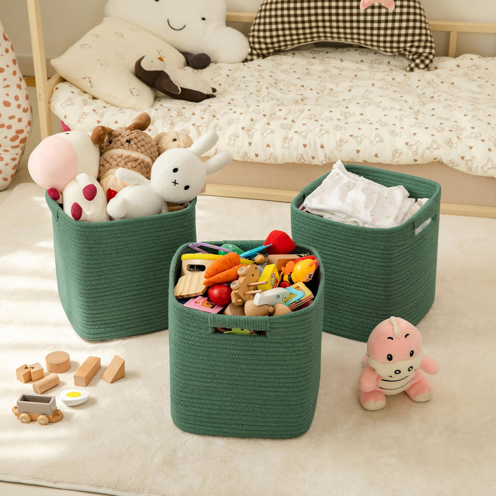 OIAHOMY cotton rope woven basket in green with soft texture on a shelf.