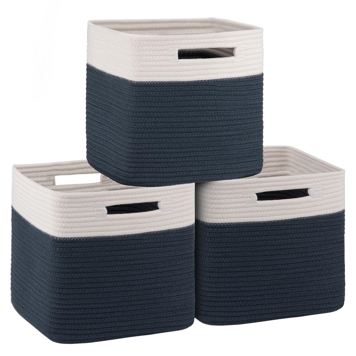 OIAHOMY cube storage basket 11inch white-blue, ideal for closet organization.