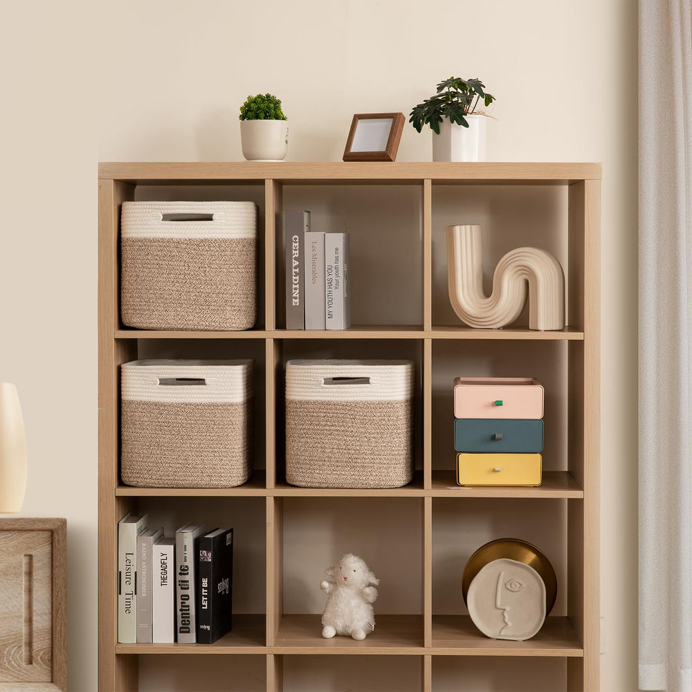OIAHOMY cube storage basket on shelf in a tidy living room.