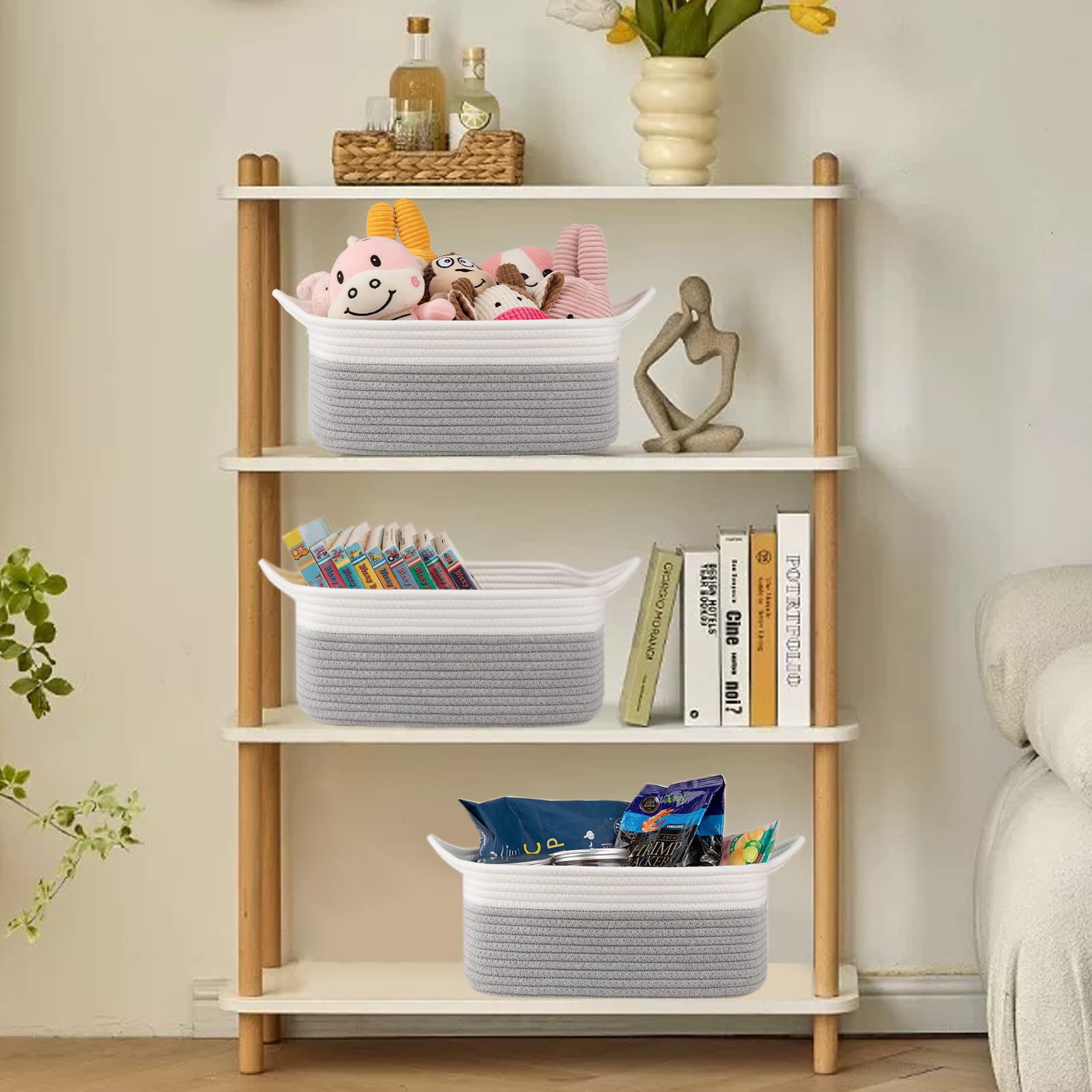 OIAHOMY decorative rope basket on shelf for organization and charm.