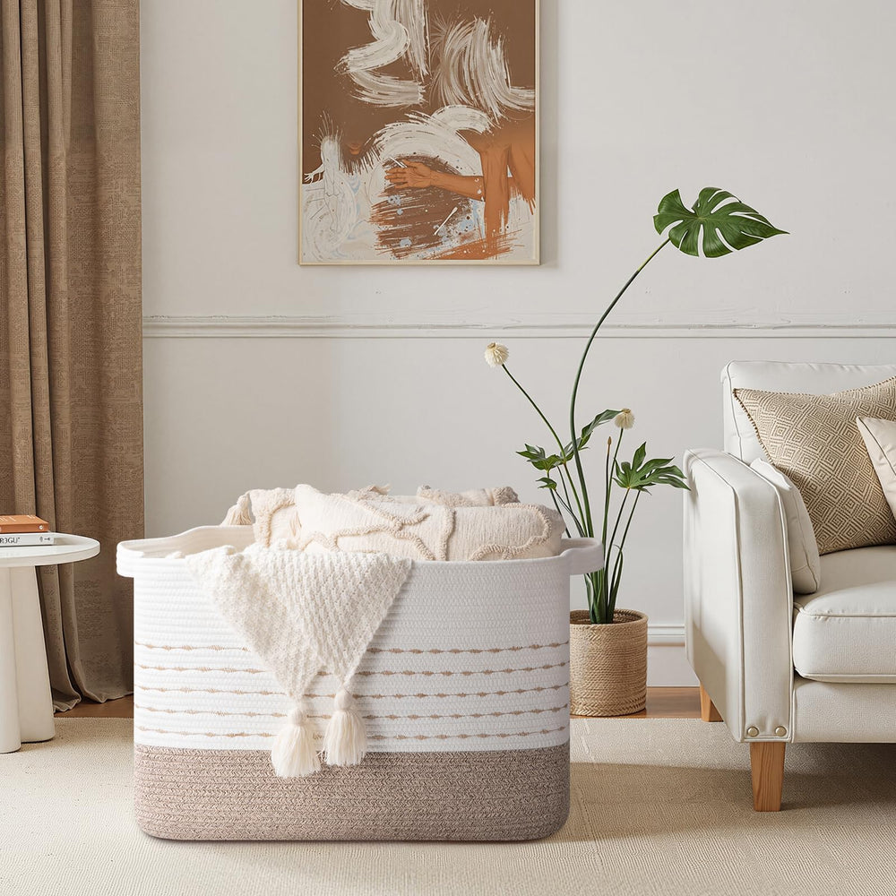 OIAHOMY blanket basket with double reinforced handles ready for durable daily use.