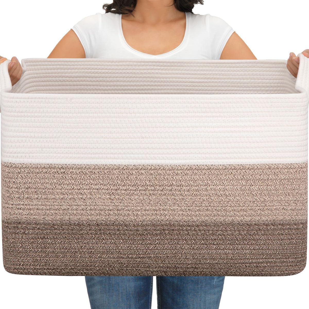 OIAHOMY extra large blanket basket gradient brown showing generous capacity for blankets and toys.