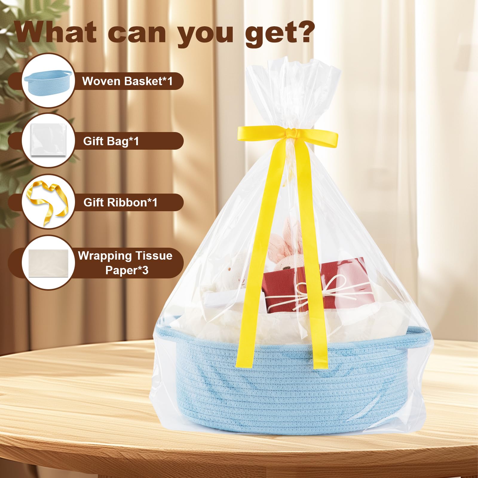 OIAHOMY gift basket blue side view with sturdy handles for portability