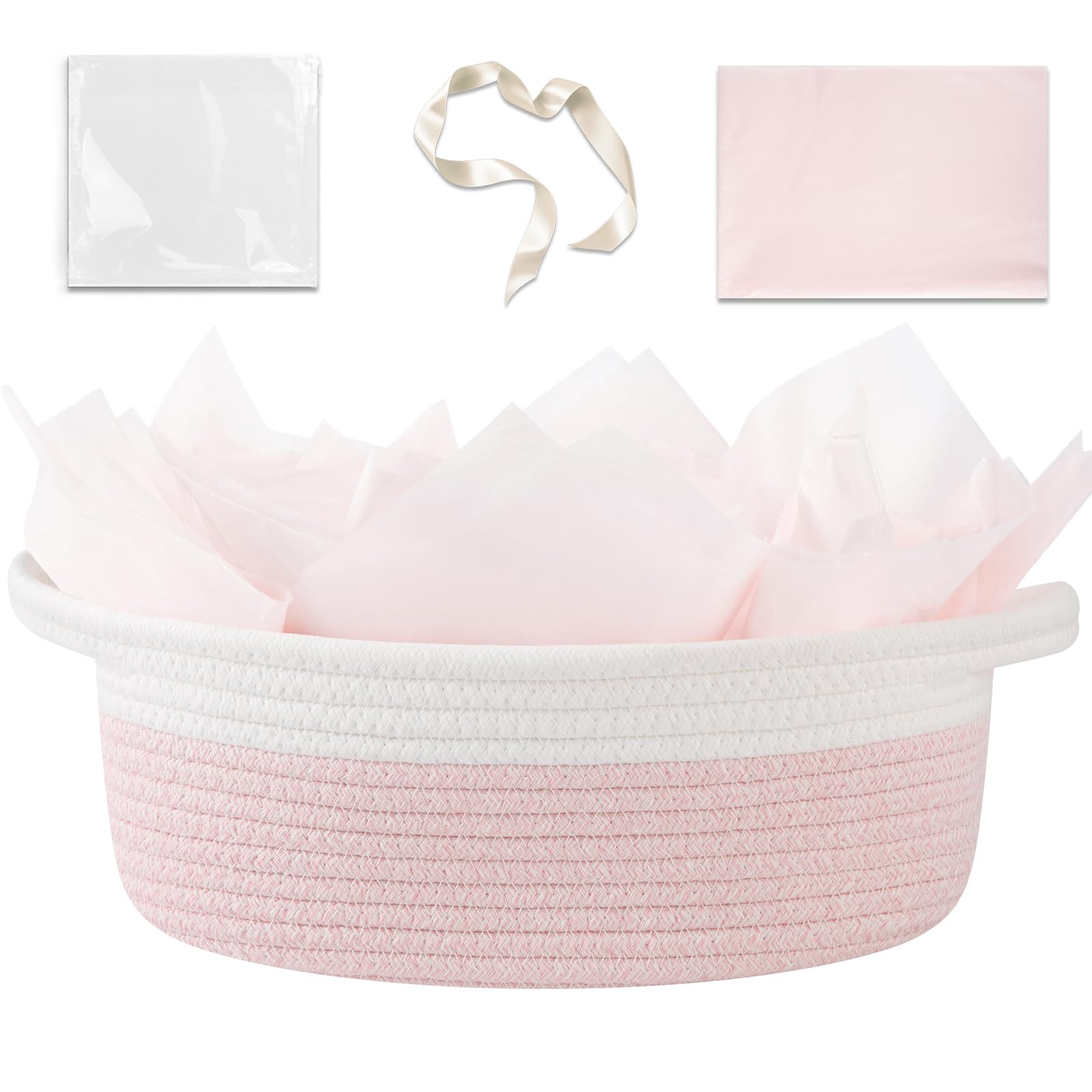 OIAHOMY gift basket empty with handle in pink and white, gift-ready presentation