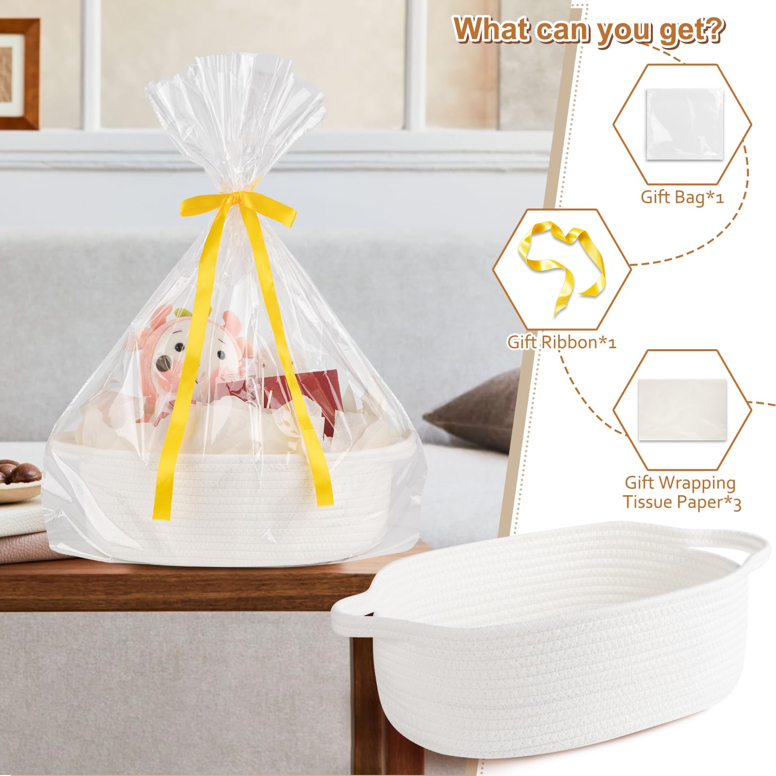 OIAHOMY gift basket with handle, side view, showcasing sturdy, durable rope construction.
