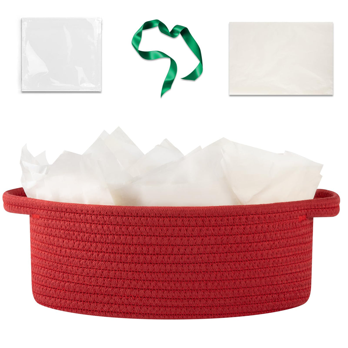 OIAHOMY gift basket with handle in red front view offers portable gift storage