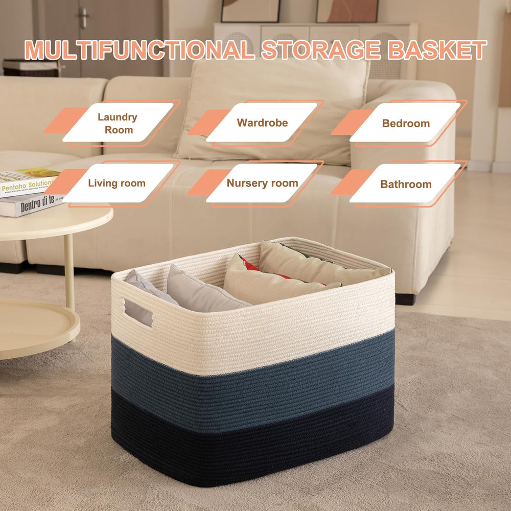 OIAHOMY gradient blue blanket basket side view for stylish storage