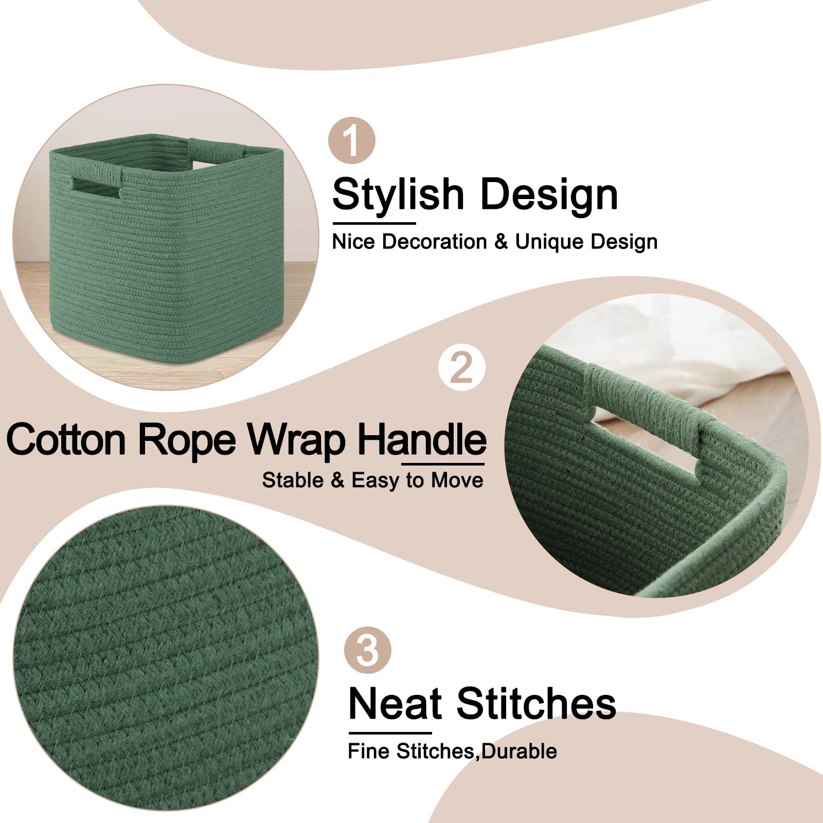 OIAHOMY green storage basket organizing towels and toiletries in bathroom.