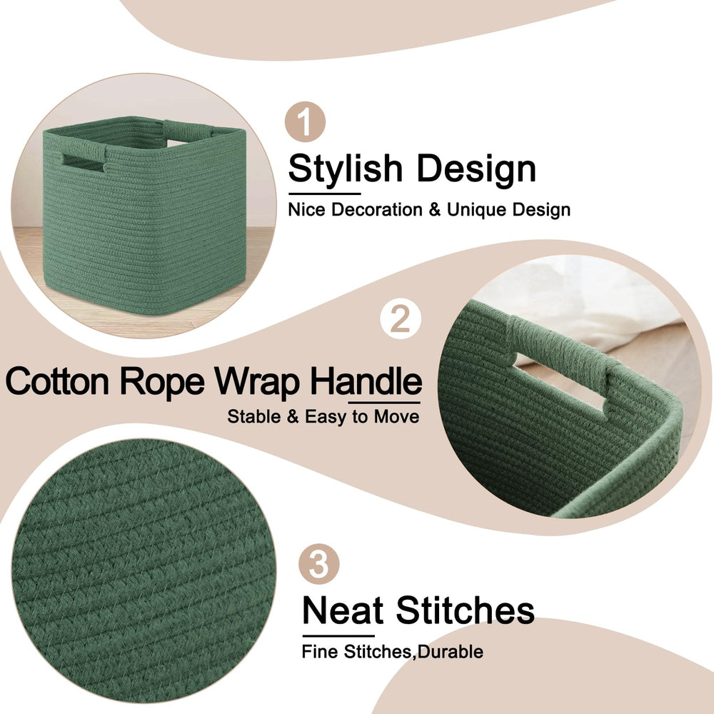 OIAHOMY green storage basket organizing towels and toiletries in bathroom.