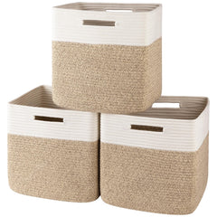 OIAHOMY 13x13 Kallax bin in natural cotton rope texture for tidy shelves.