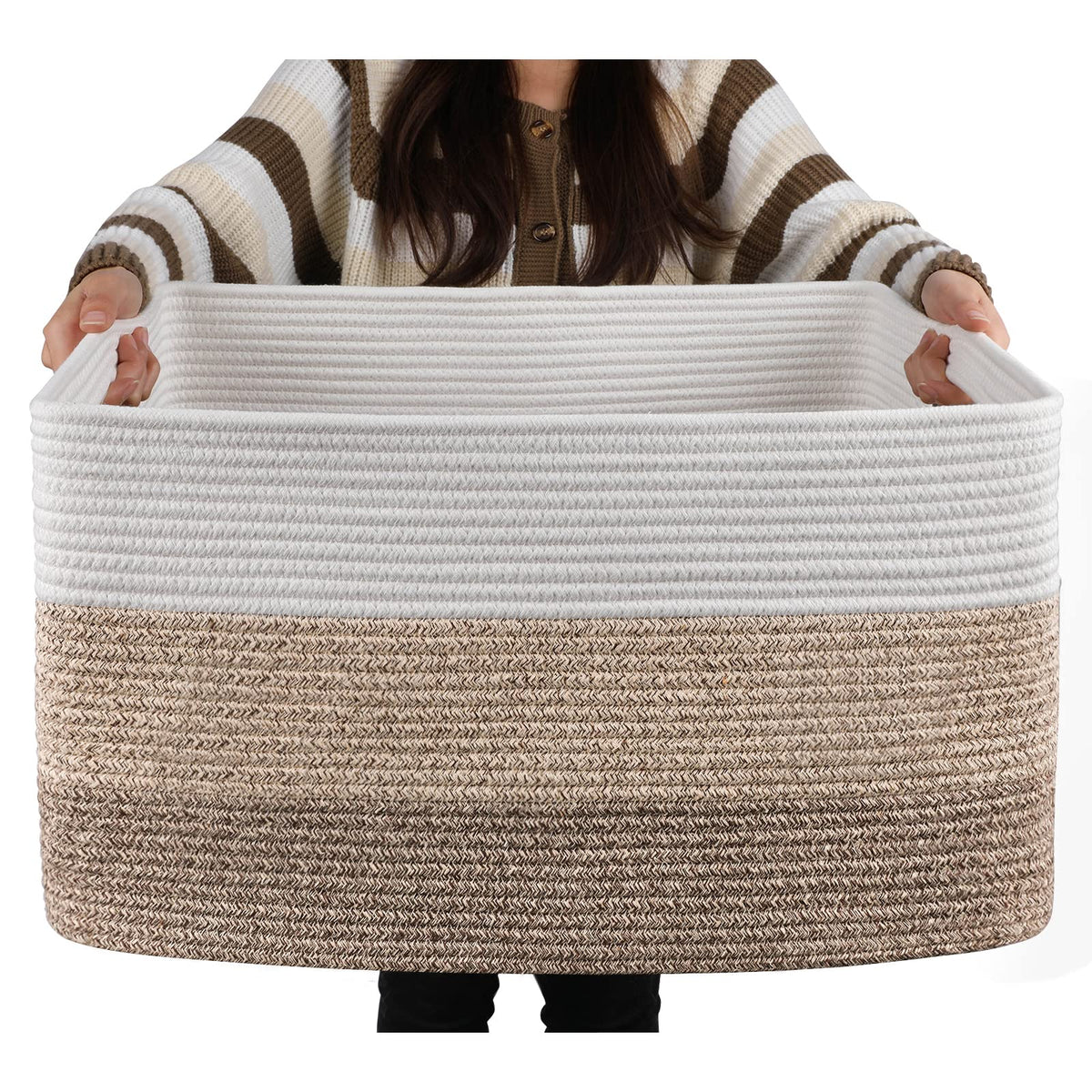 OIAHOMY blanket basket front view in gradient yellow, tidy living room storage.