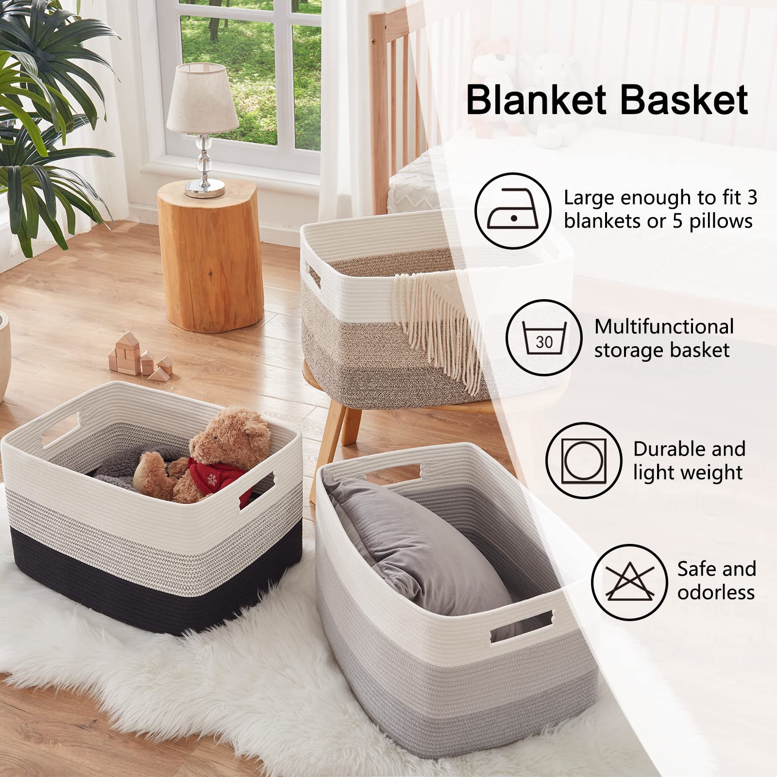 OIAHOMY nursery-friendly storage basket safely stores blankets.