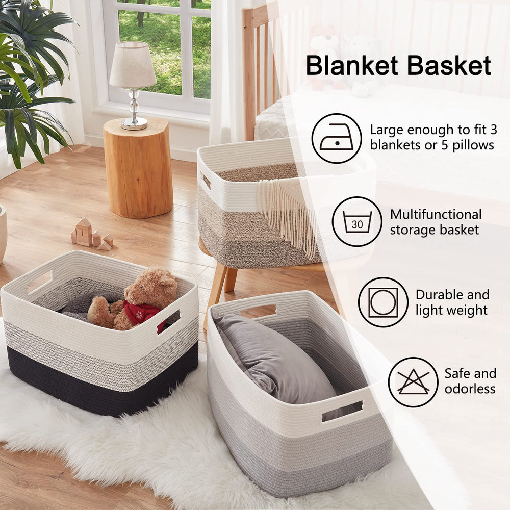OIAHOMY nursery-friendly storage basket safely stores blankets.