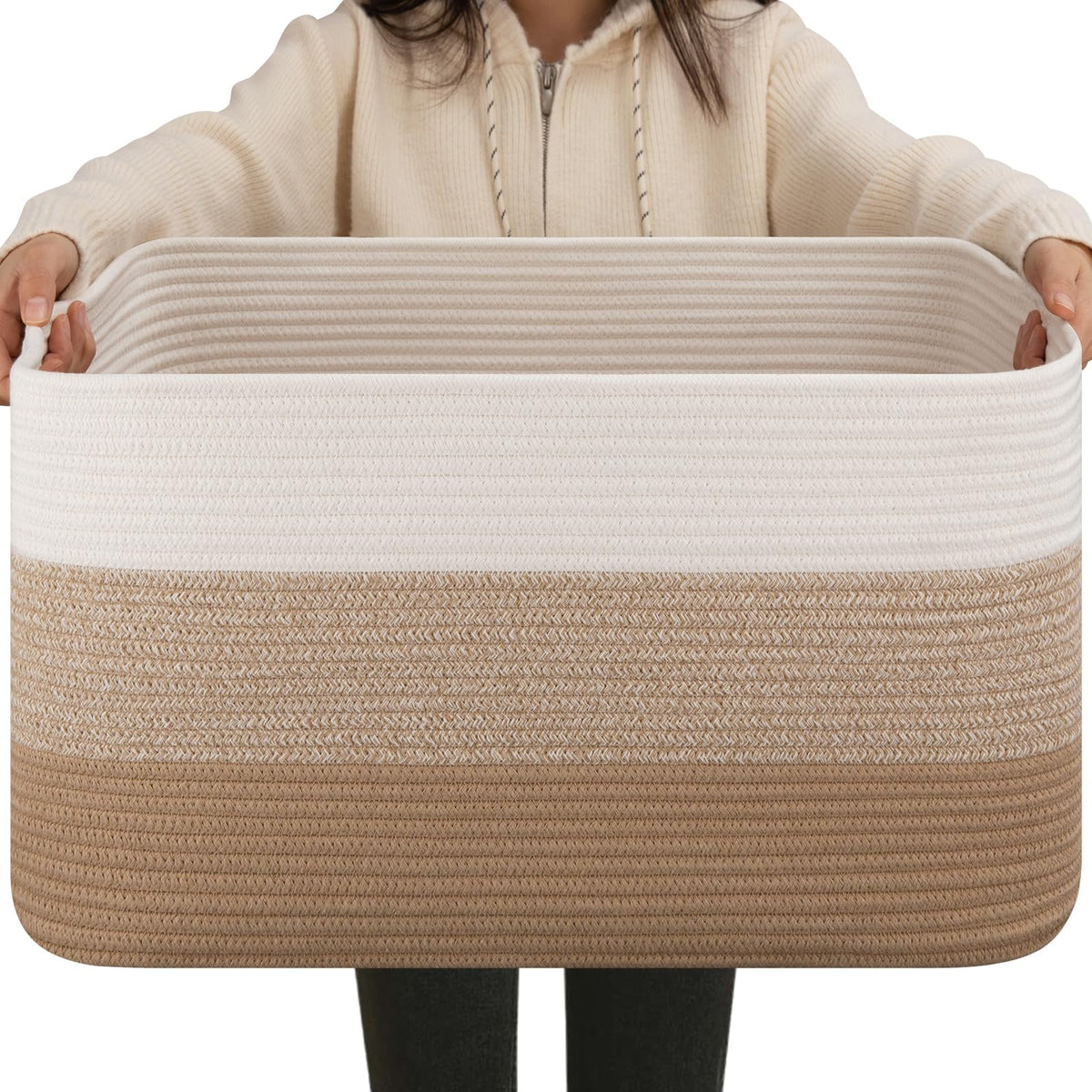 OIAHOMY large blanket basket rectangle front view with sturdy handles for easy transport