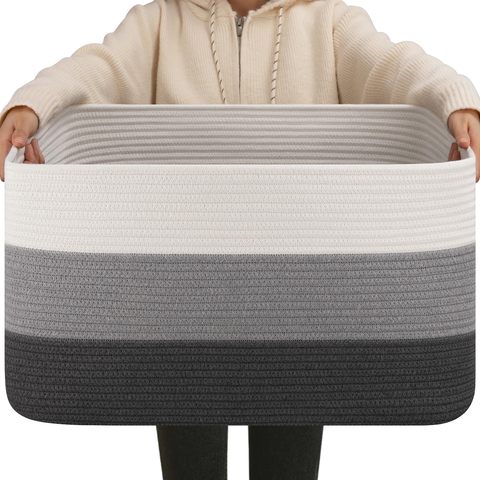 OIAHOMY large blanket basket front view with sturdy handles for easy storage