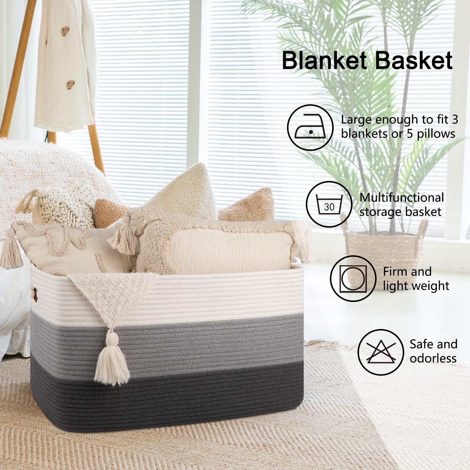 OIAHOMY basket with blankets inside for tidy sofa organization