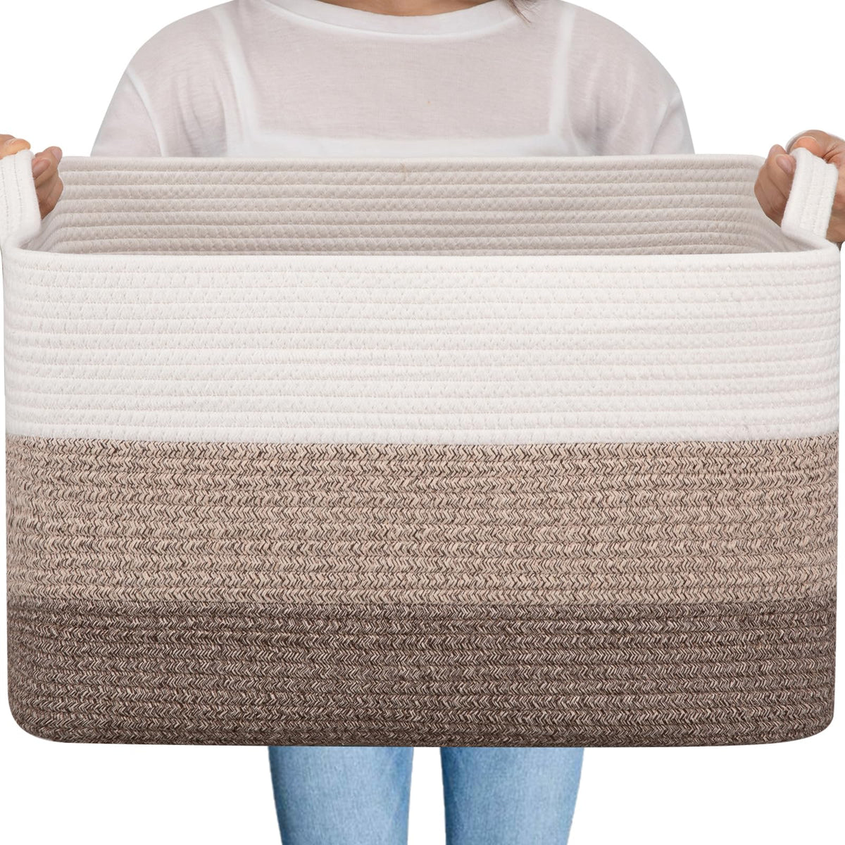 OIAHOMY large storage basket gradient brown front view shows ample blanket storage and rustic charm.