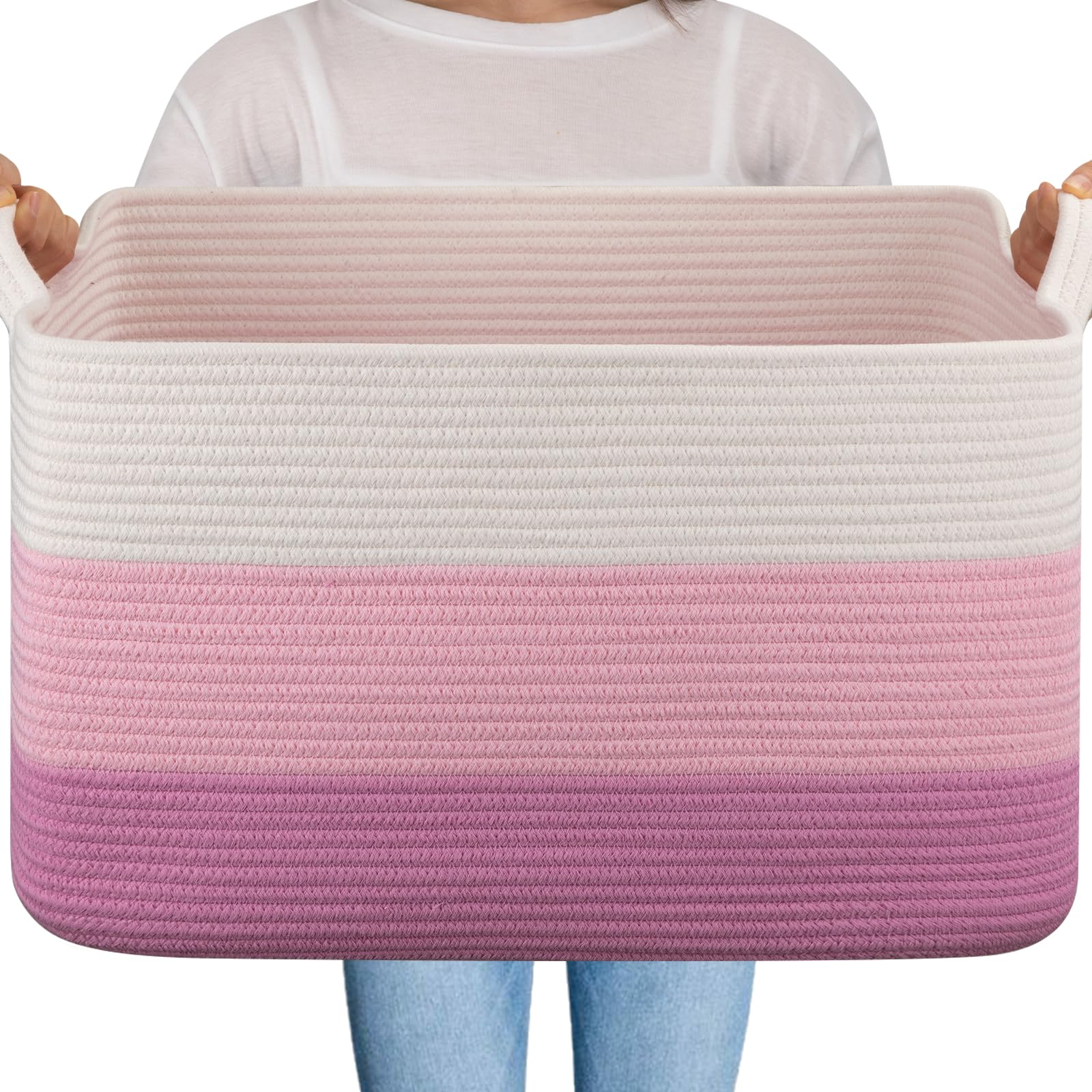 OIAHOMY large storage basket gradient pink front view for blanket storage.