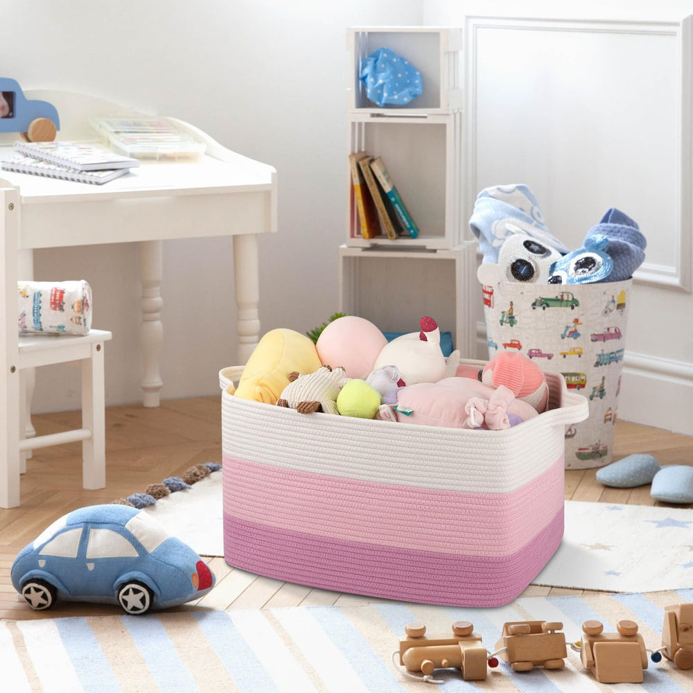 OIAHOMY gradient pink stacked blankets inside the basket for clutter-free spaces.