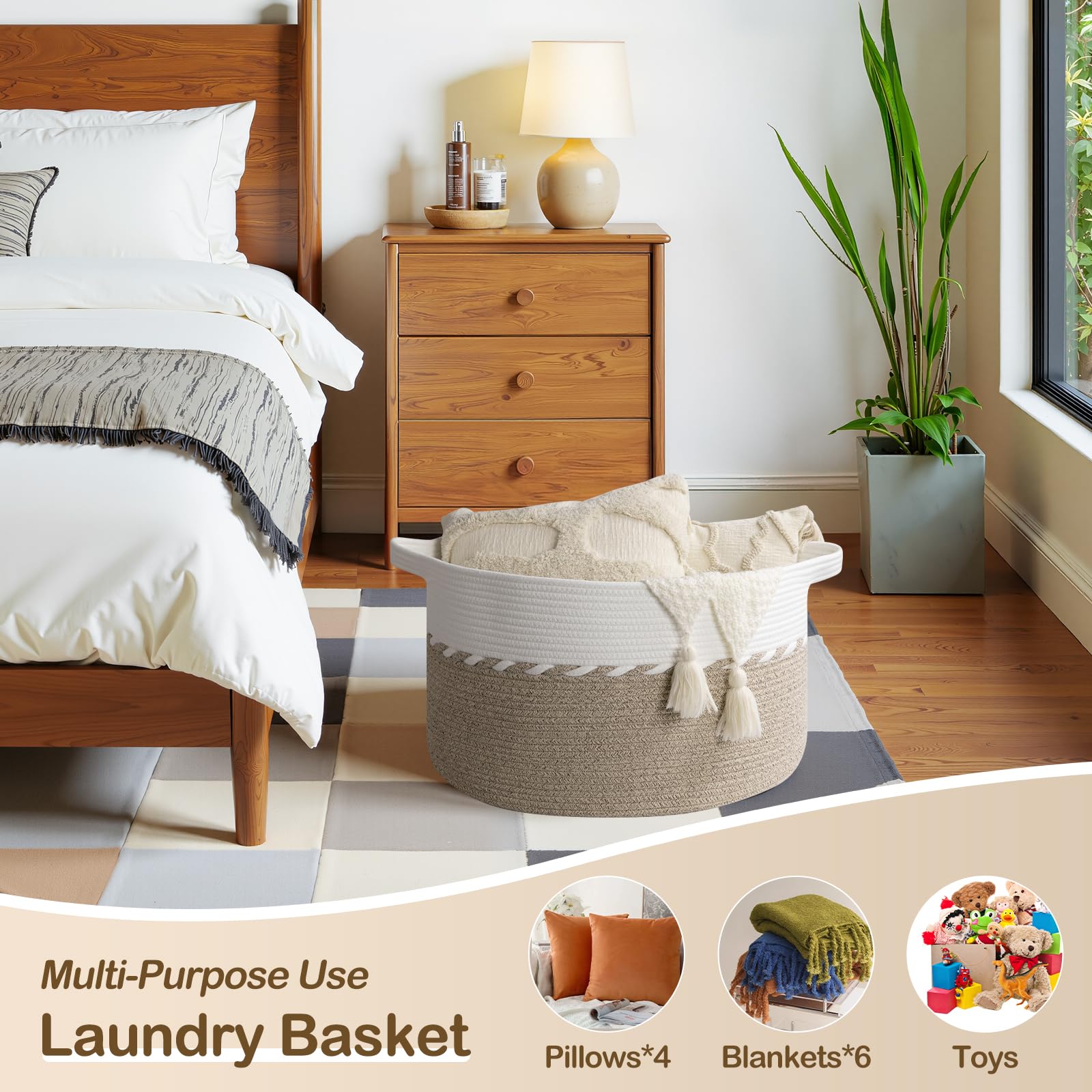 OIAHOMY 90L rope basket demonstrates large capacity for blankets and pillows