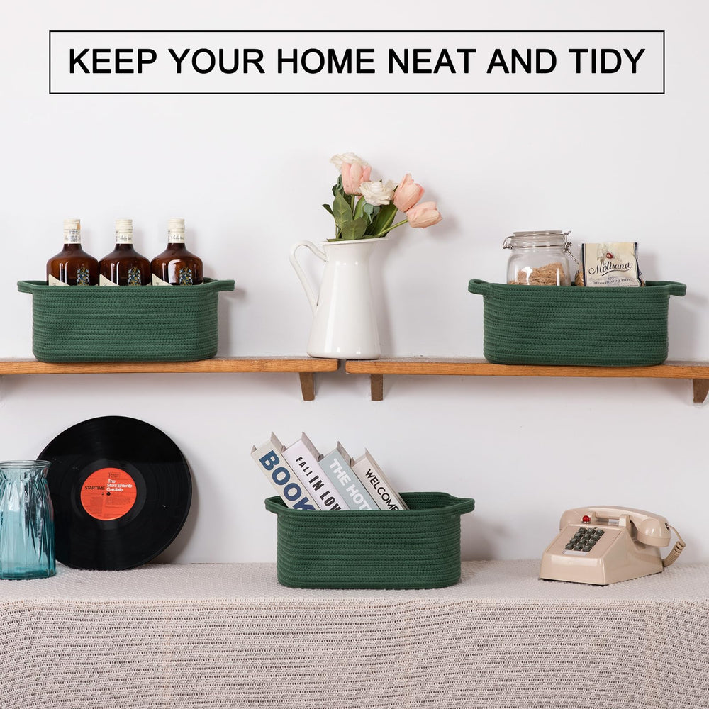 OIAHOMY rectangle basket on living room shelf for clutter control.