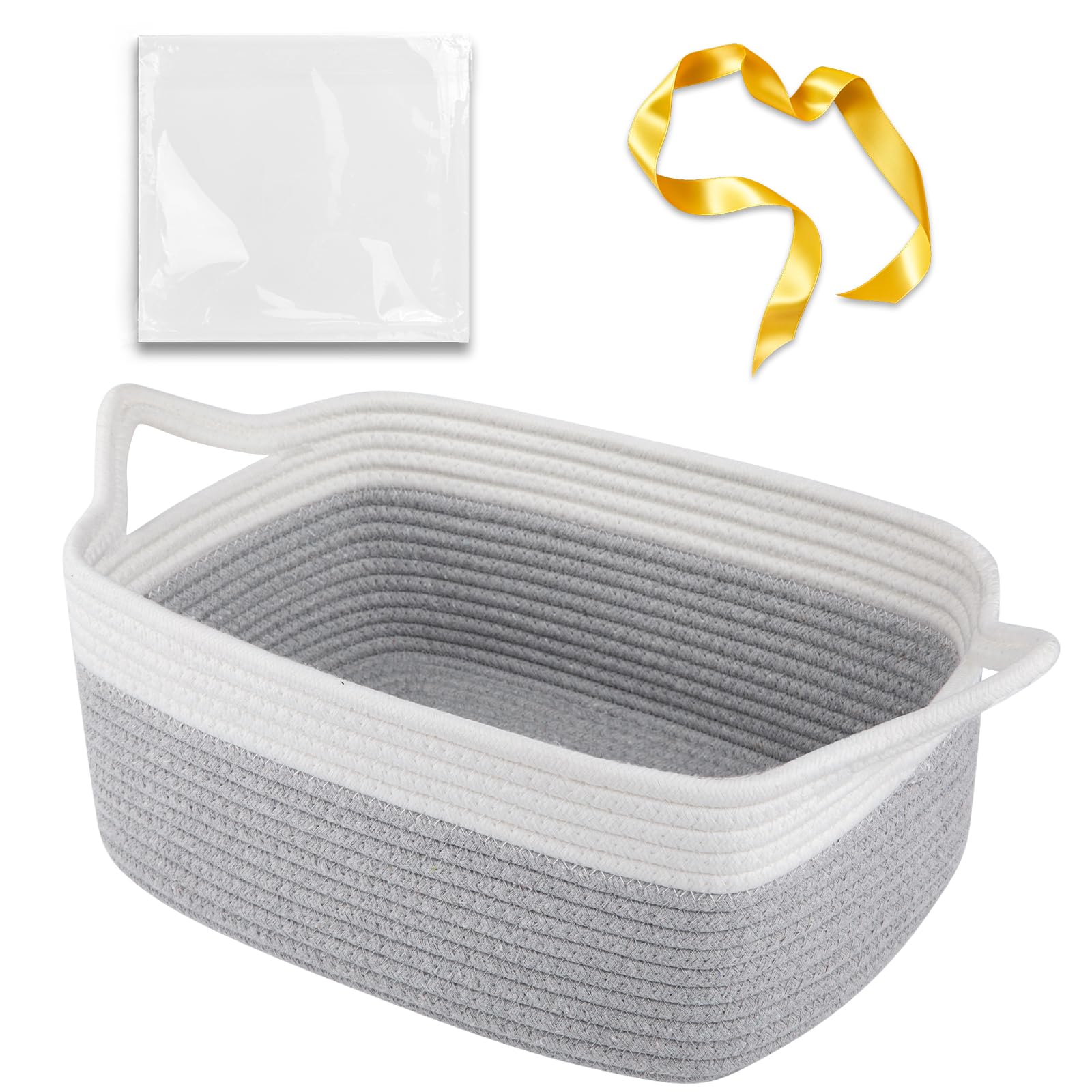 OIAHOMY small woven rope basket with gift bag and ribbon, ideal for ready-made gift presentation.