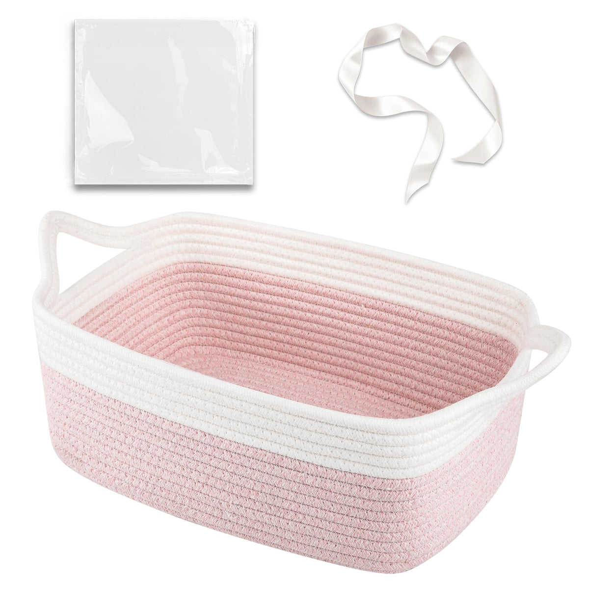 OIAHOMY small woven rope basket with gift bags and ribbons for easy gift presentation.