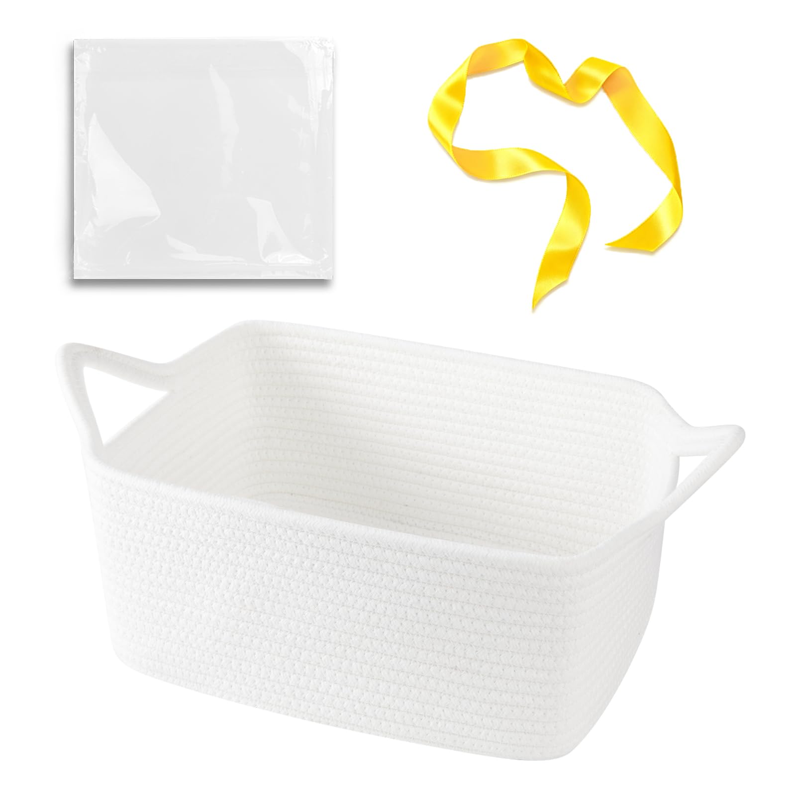 OIAHOMY small woven rope basket in white, front view for stylish gift storage.