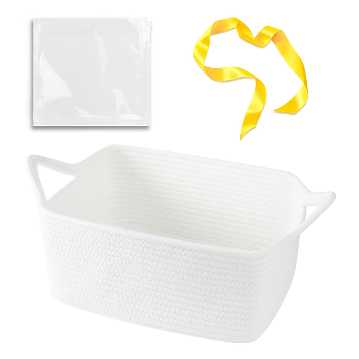 OIAHOMY small woven rope basket in white, front view for stylish gift storage.