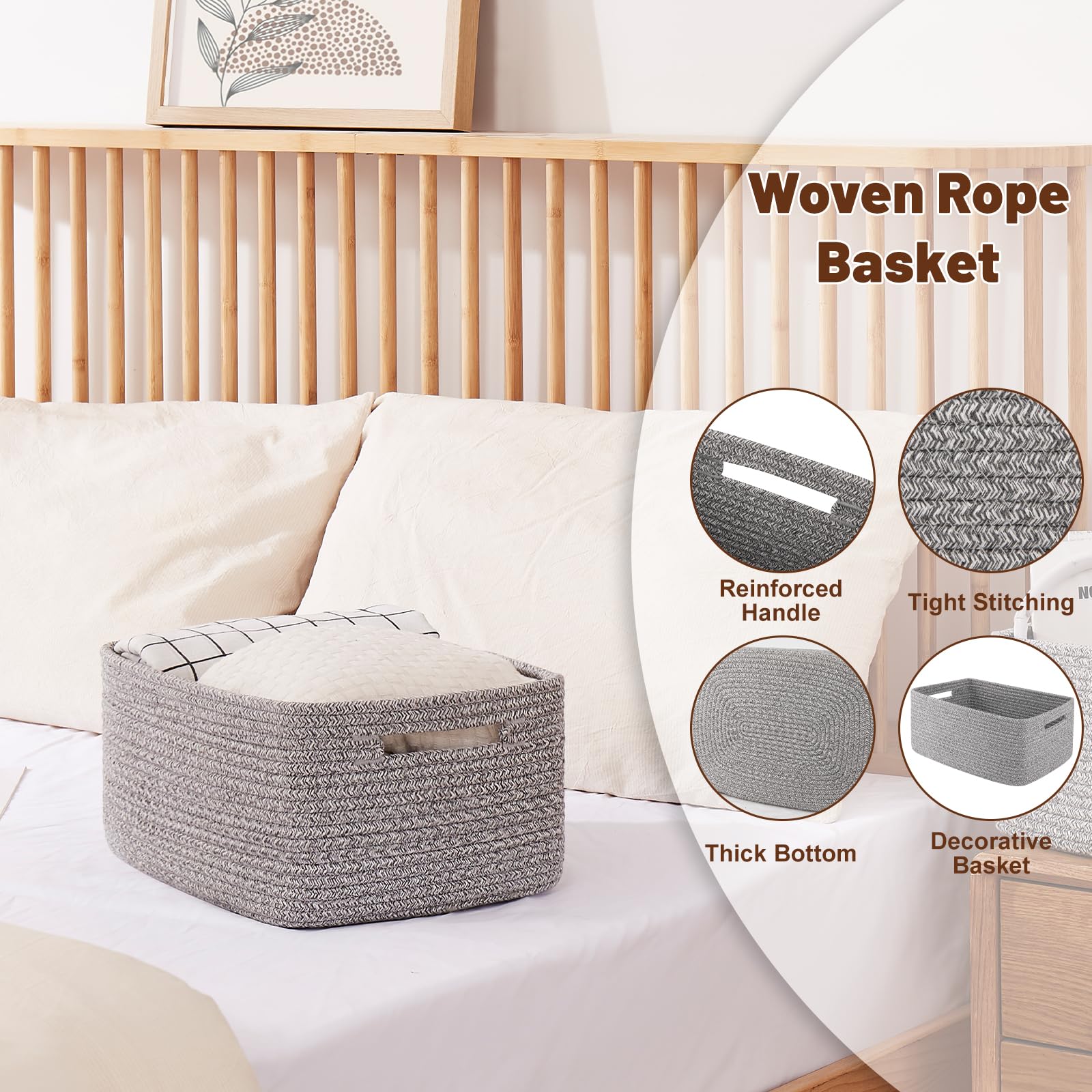 OIAHOMY storage basket grey folded packaging demonstrating quick reshaping and soft cotton rope